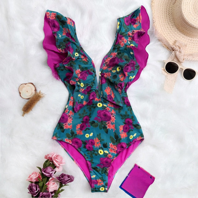 Elegancki jednoczęściowy strój kąpielowy damski w kwiatowy wzór