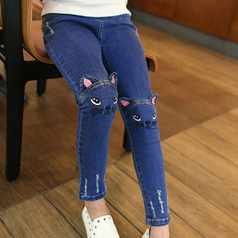 Spodnie jeansowe dla dziewczynki z kotami na kolanach