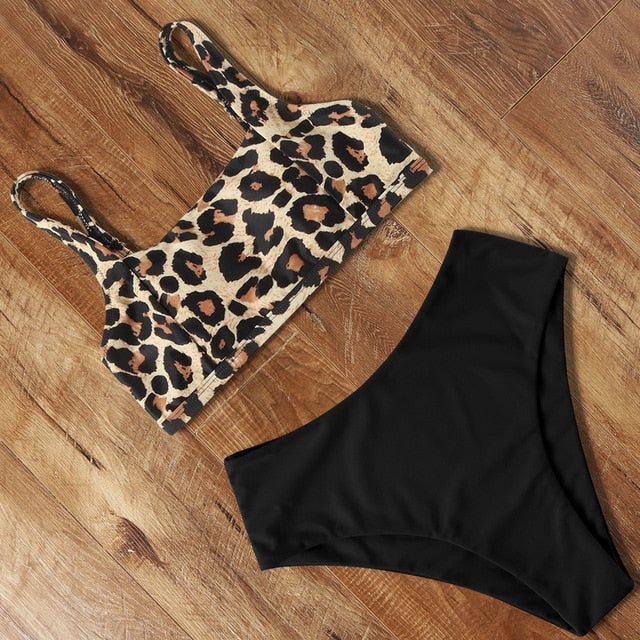 Leopardowy dwuczęściowy strój kąpielowy damski z wysokim stanem