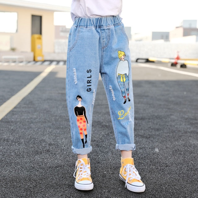 Spodnie jeansowe dziewczęce z nadrukiem