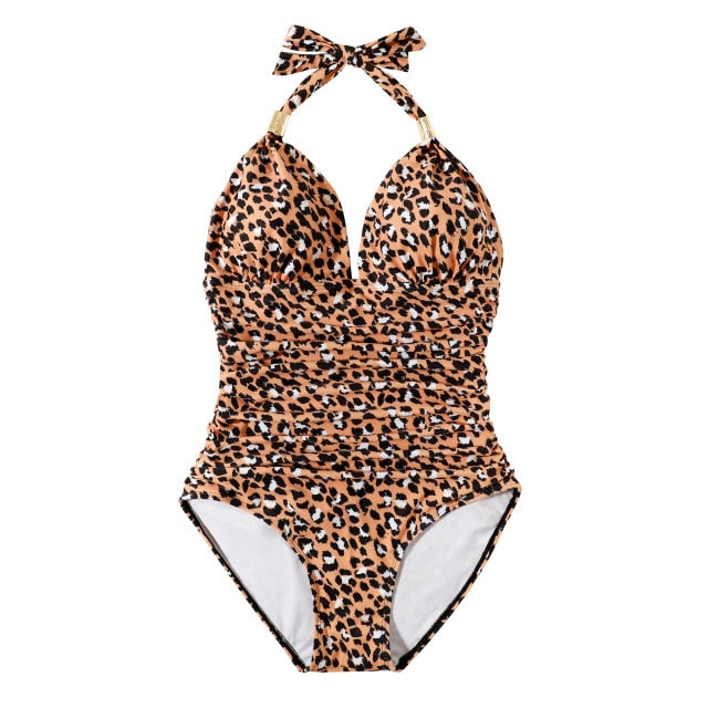 Damski leopardowy strój kąpielowy wiązany na szyi